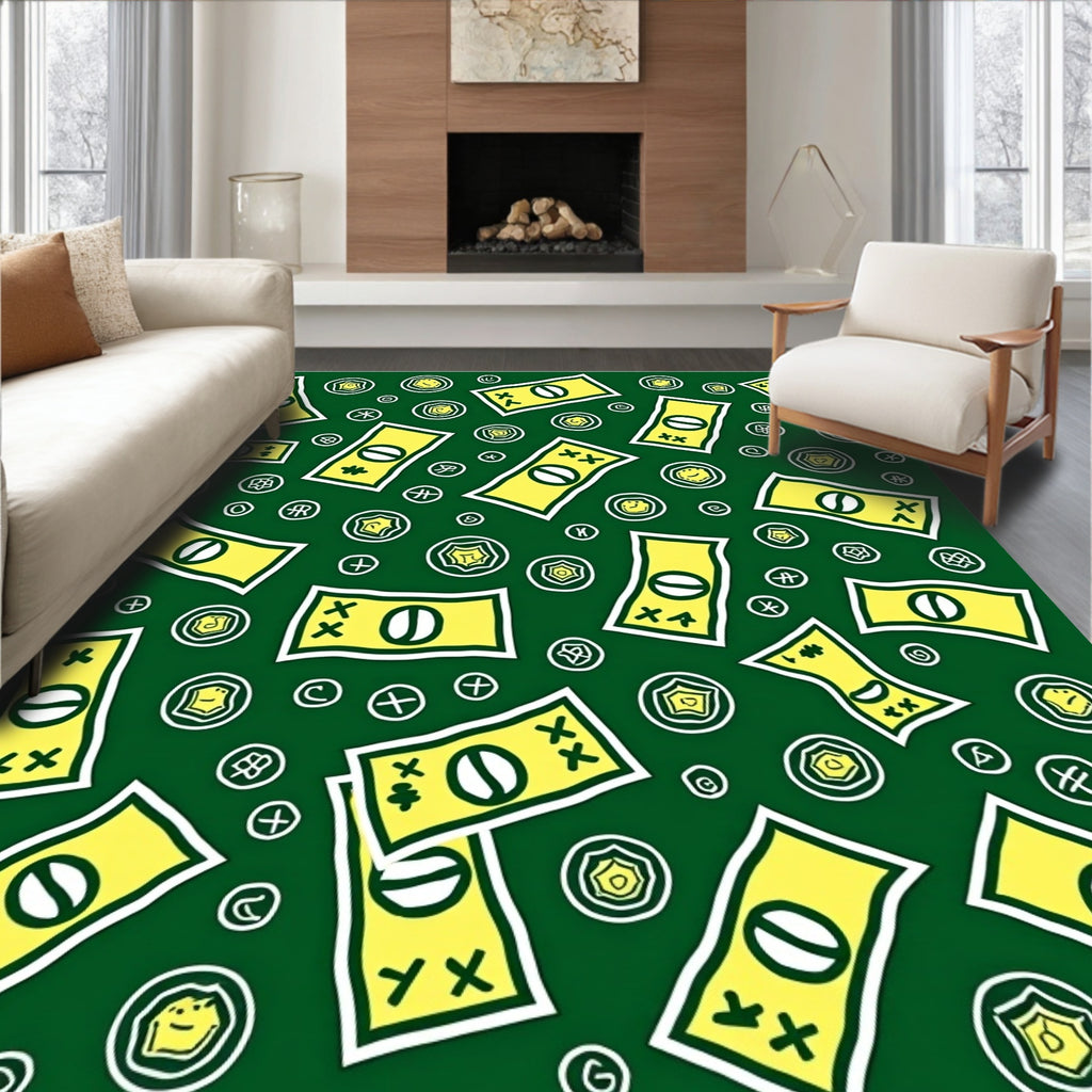 Yellow Dollar Bills Scattered Green Background Rug
