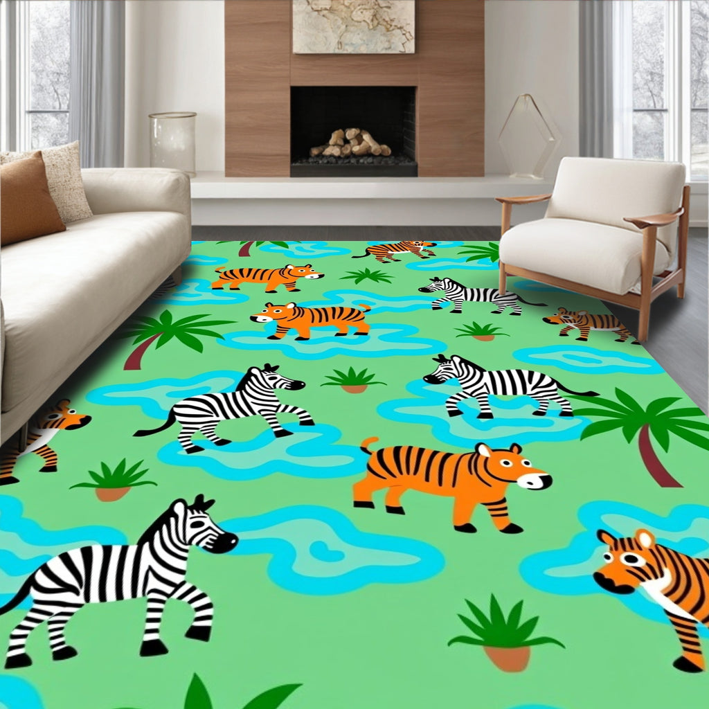 Jungle Animals Orange Tiger Zebra Fun Rug