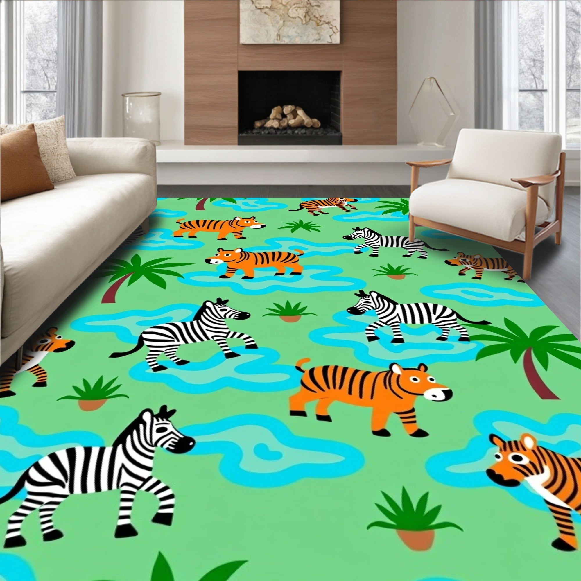 Jungle Animals Orange Tiger Zebra Fun Rug