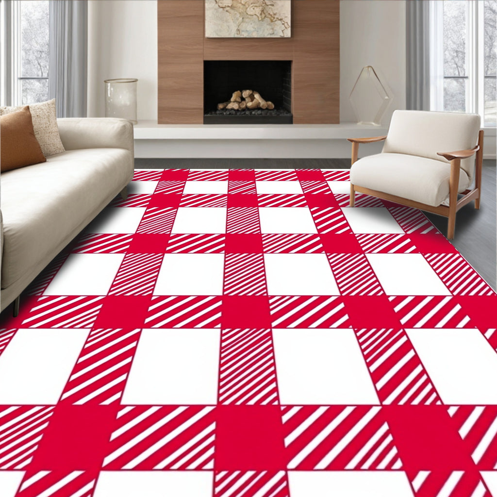 Red White Gingham Checkered Squares Rug