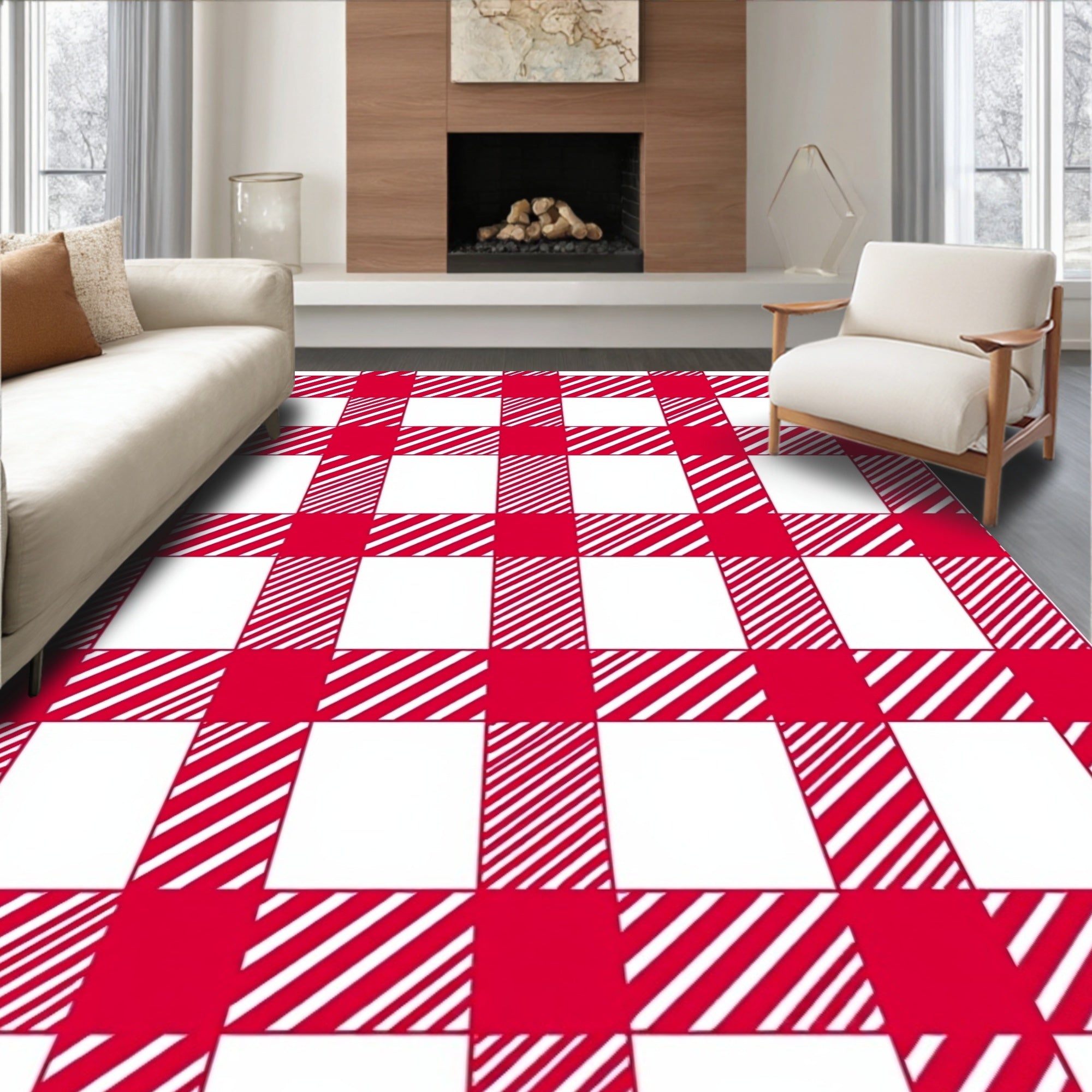 Red White Gingham Checkered Squares Rug