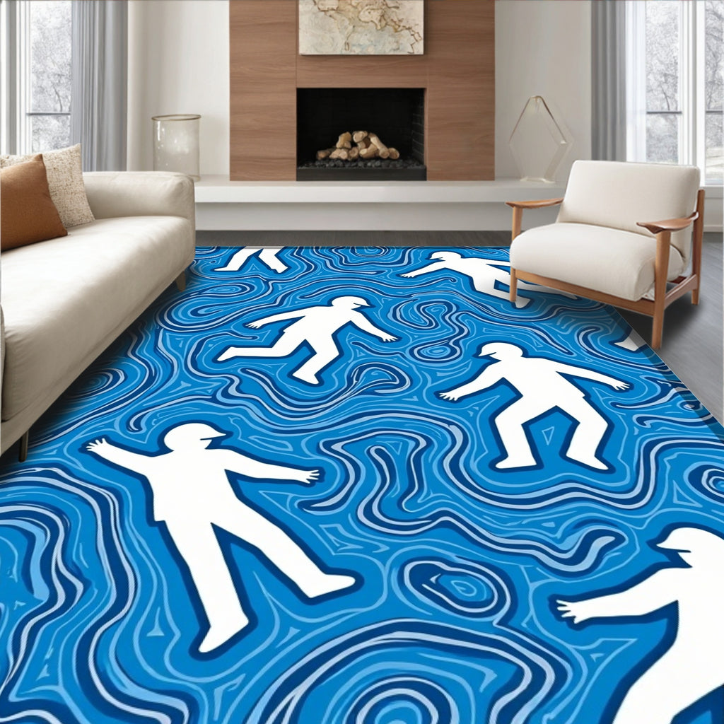 Surreal White Figures Blue Wavy Rug