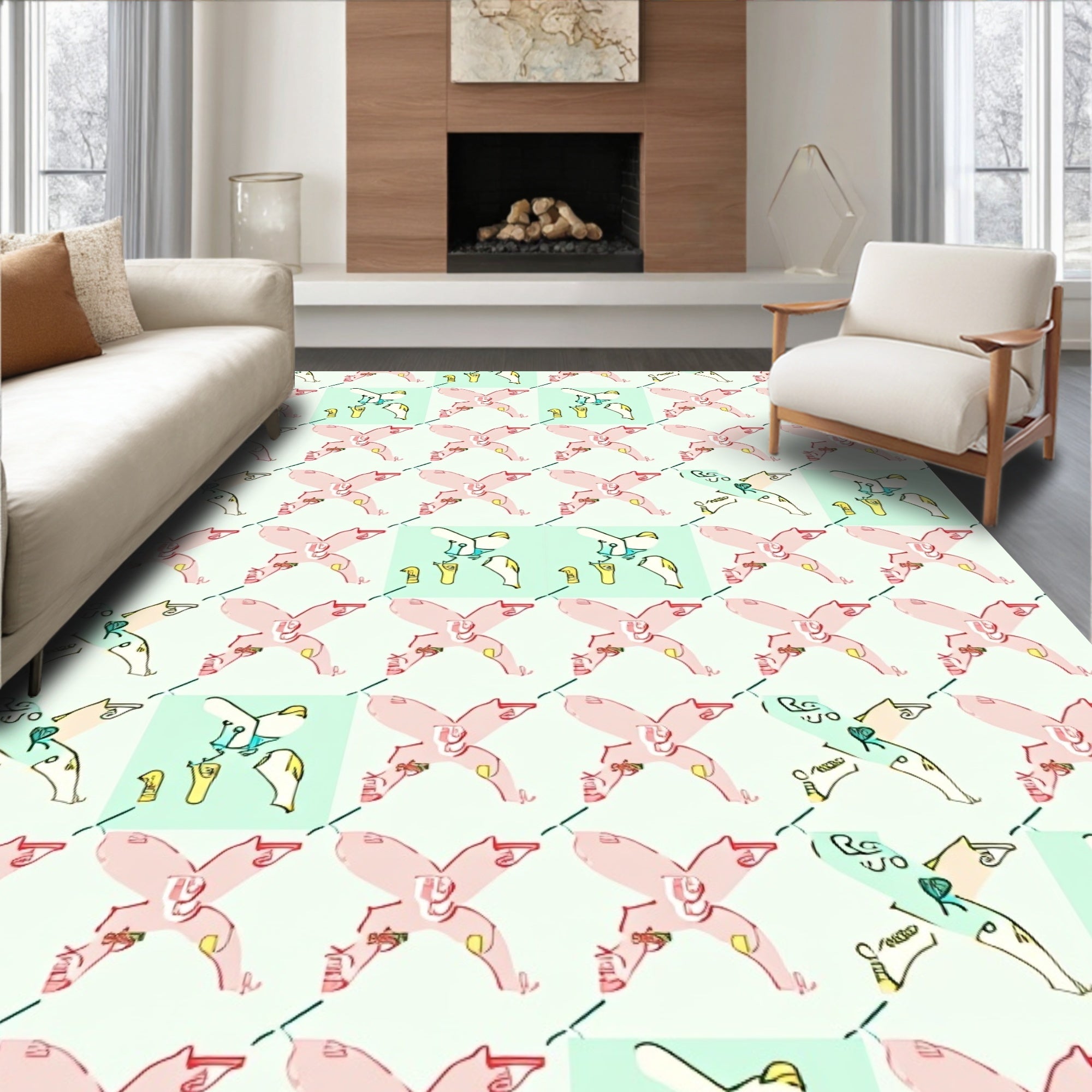 Abstract Pink X Form Light Teal Squares Rug