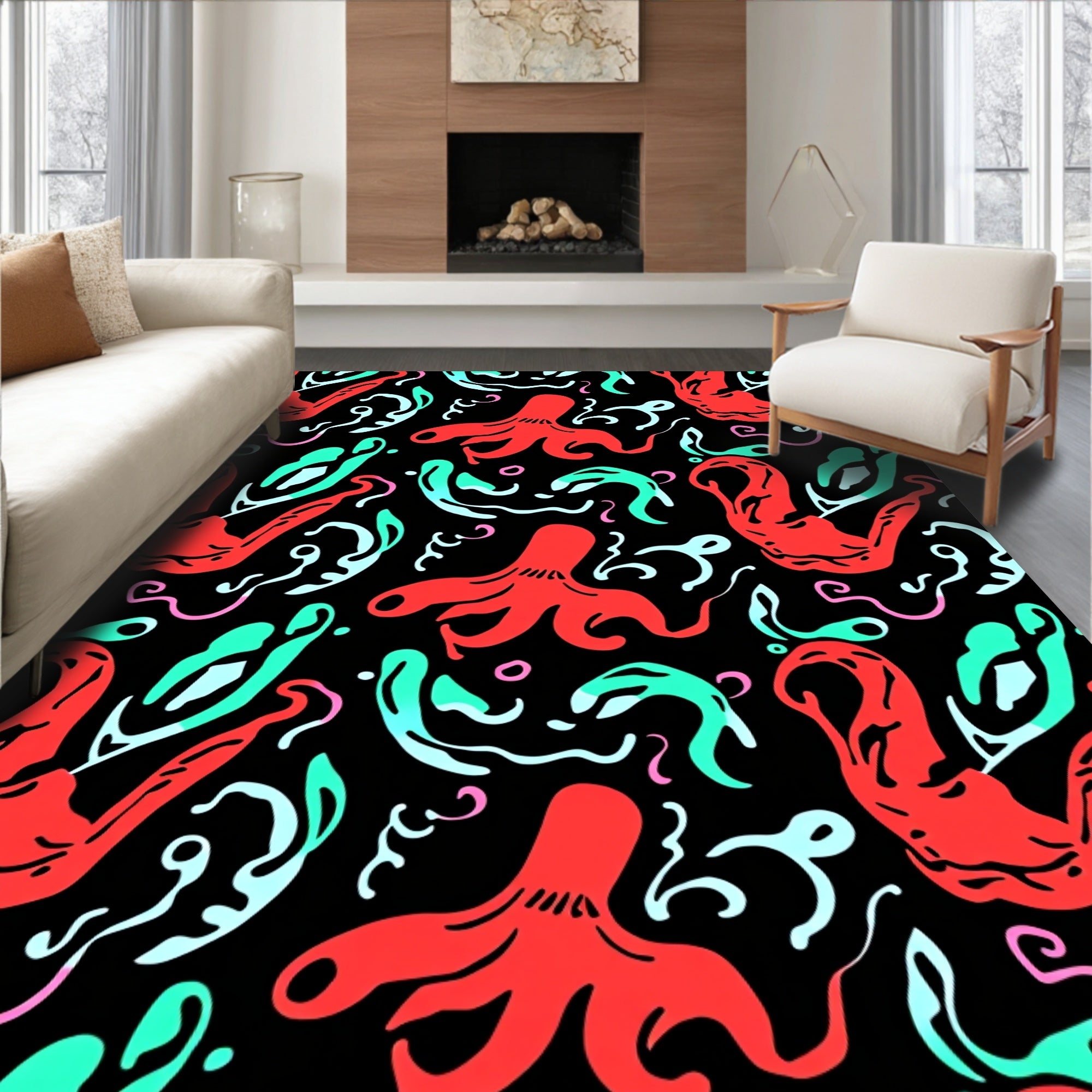 Red Octopus Whimsical Aquatic Swirls Rug