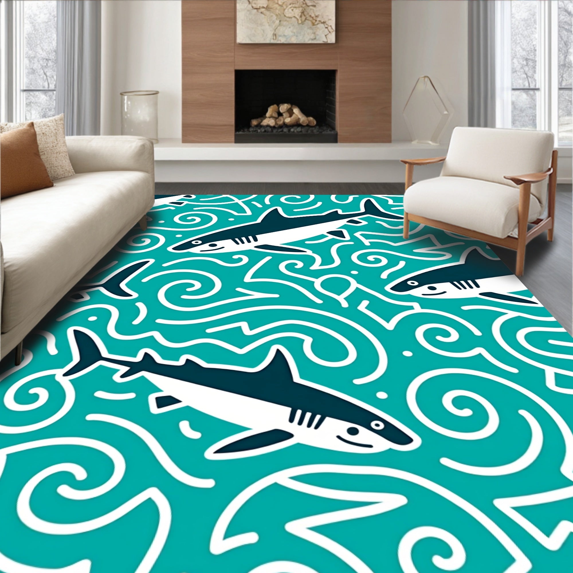 Teal Shark Swirl Marine Scene Rug