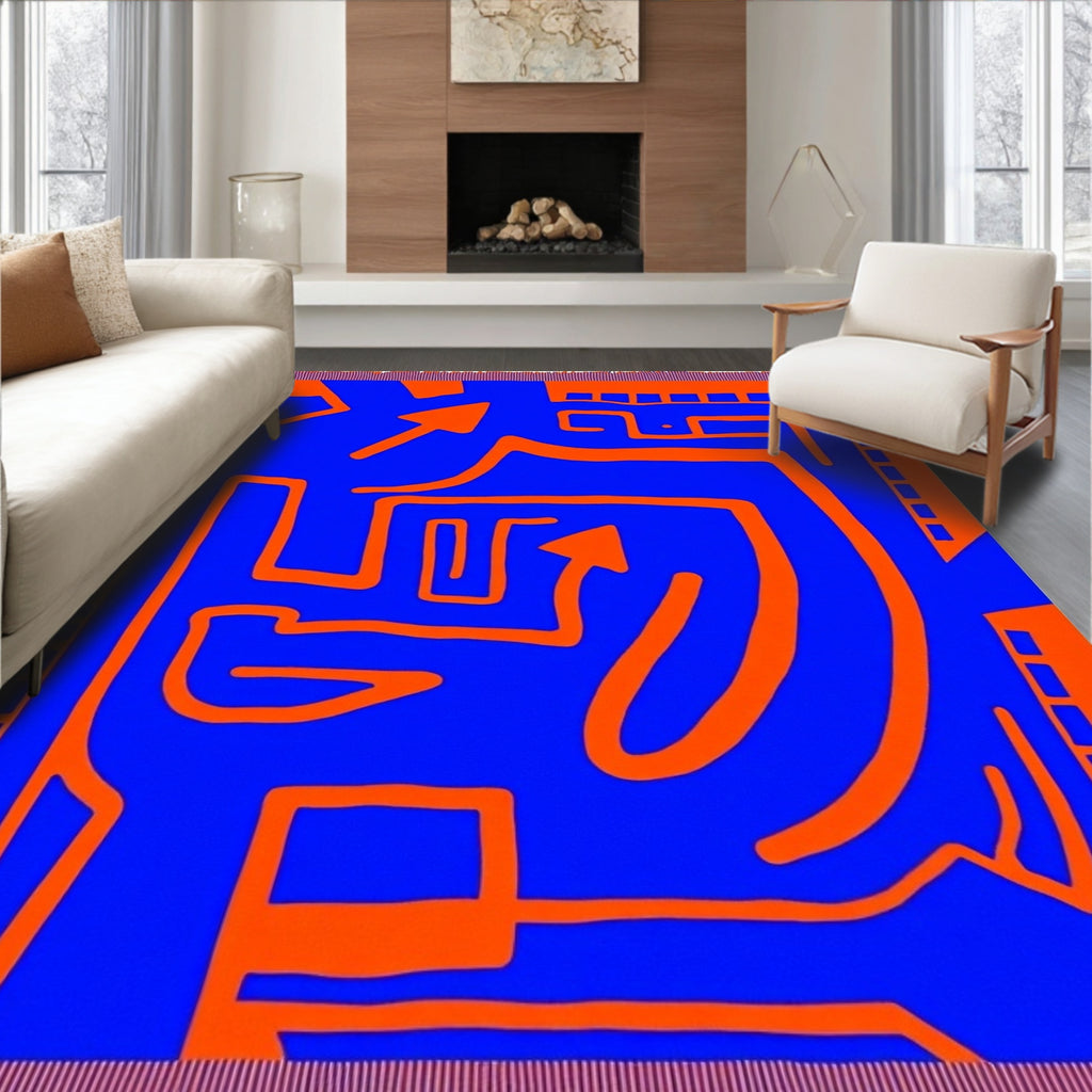 Vibrant Blue Orange Maze Arrows Rug