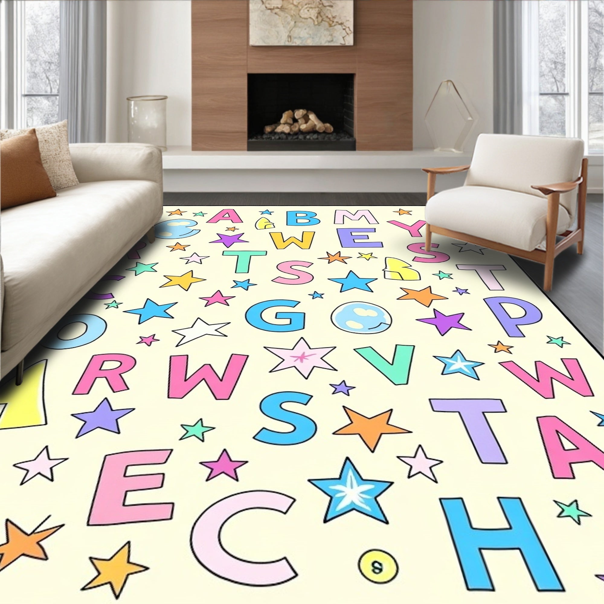 Whimsical Alphabet Stars Scattered Rug