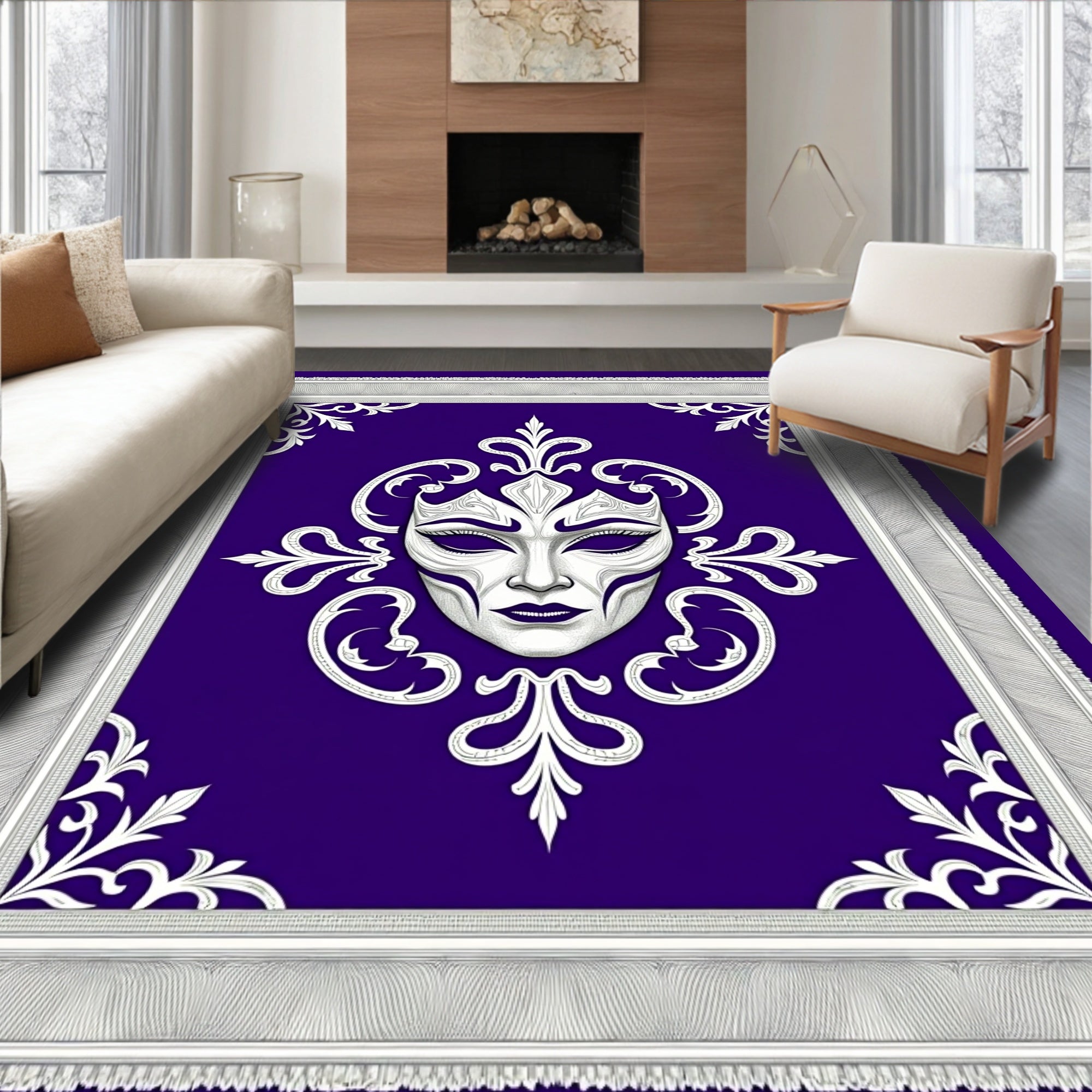 Elegant White Venetian Mask Purple Rug