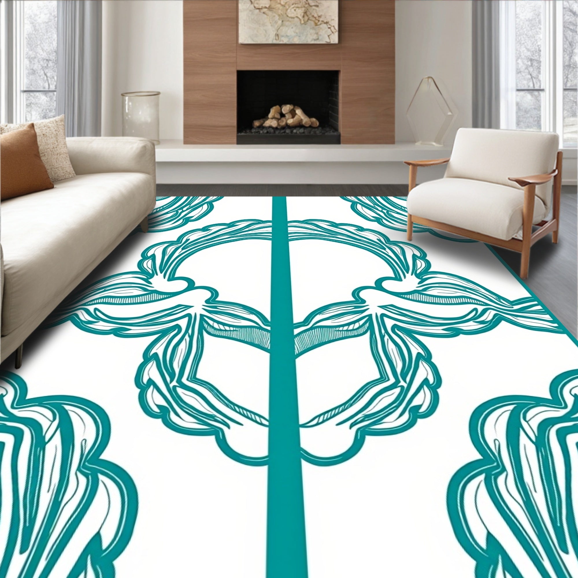 Teal Organic Scrollwork Repeating Pattern Rug