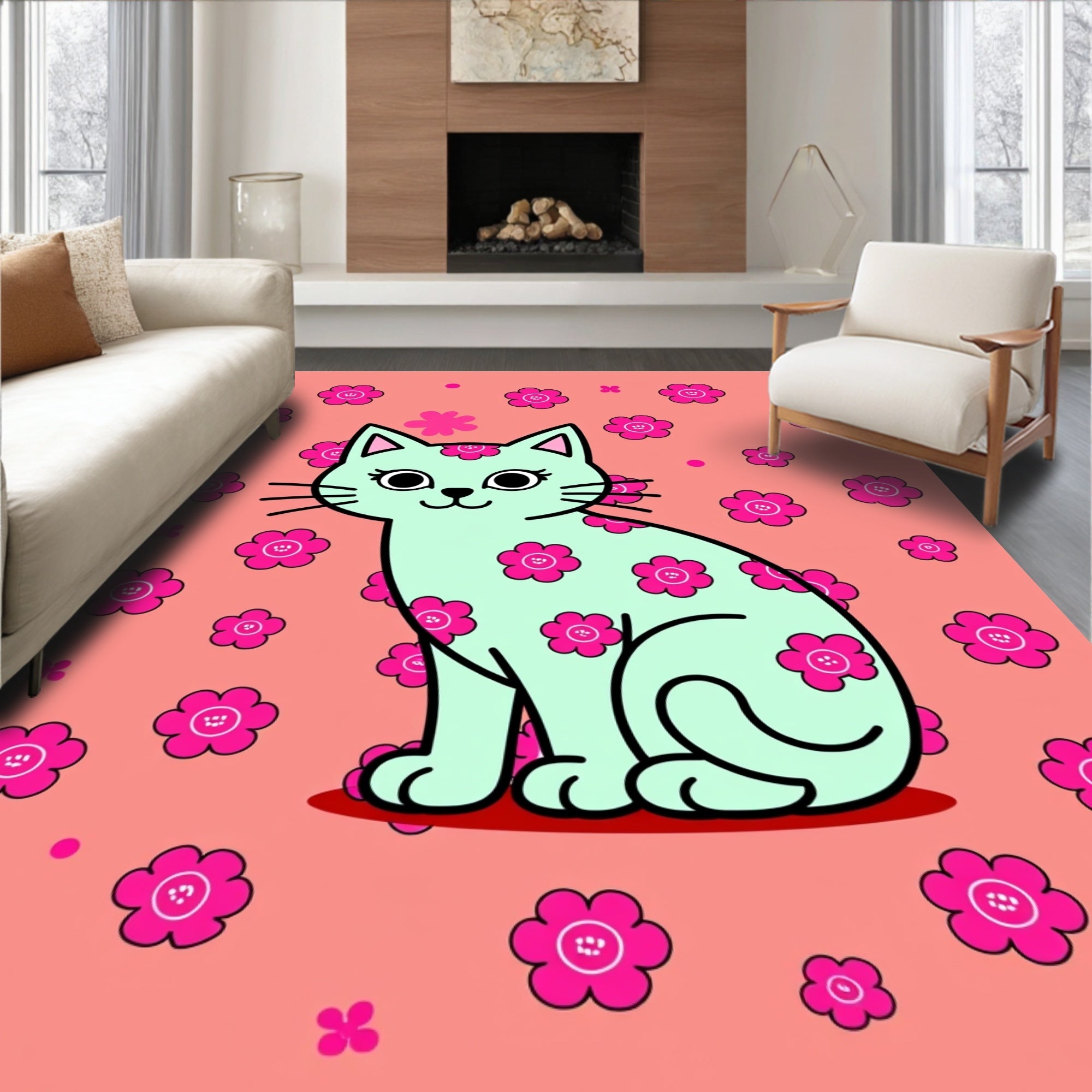 Whimsical Mint Cat Pink Floral Rug