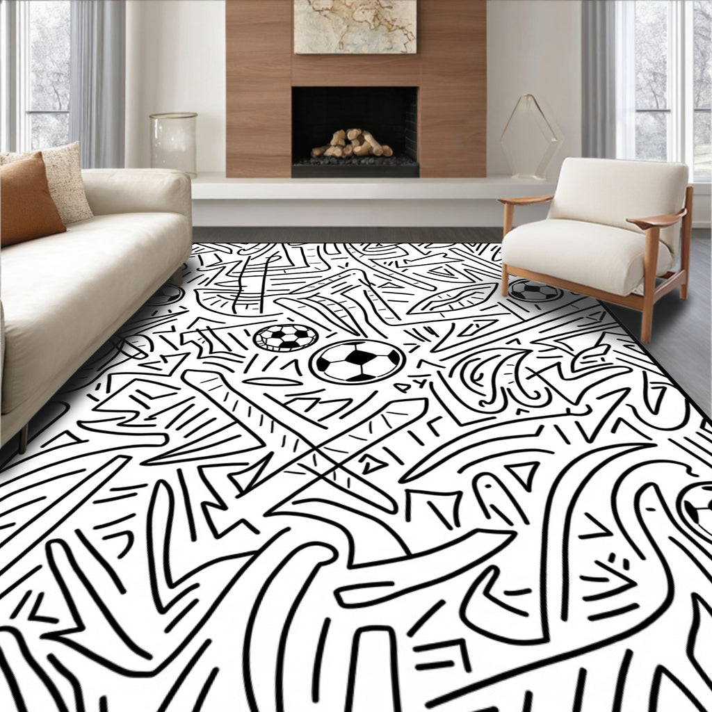 Playful Sketchy Soccer Balls Abstract Art Rug