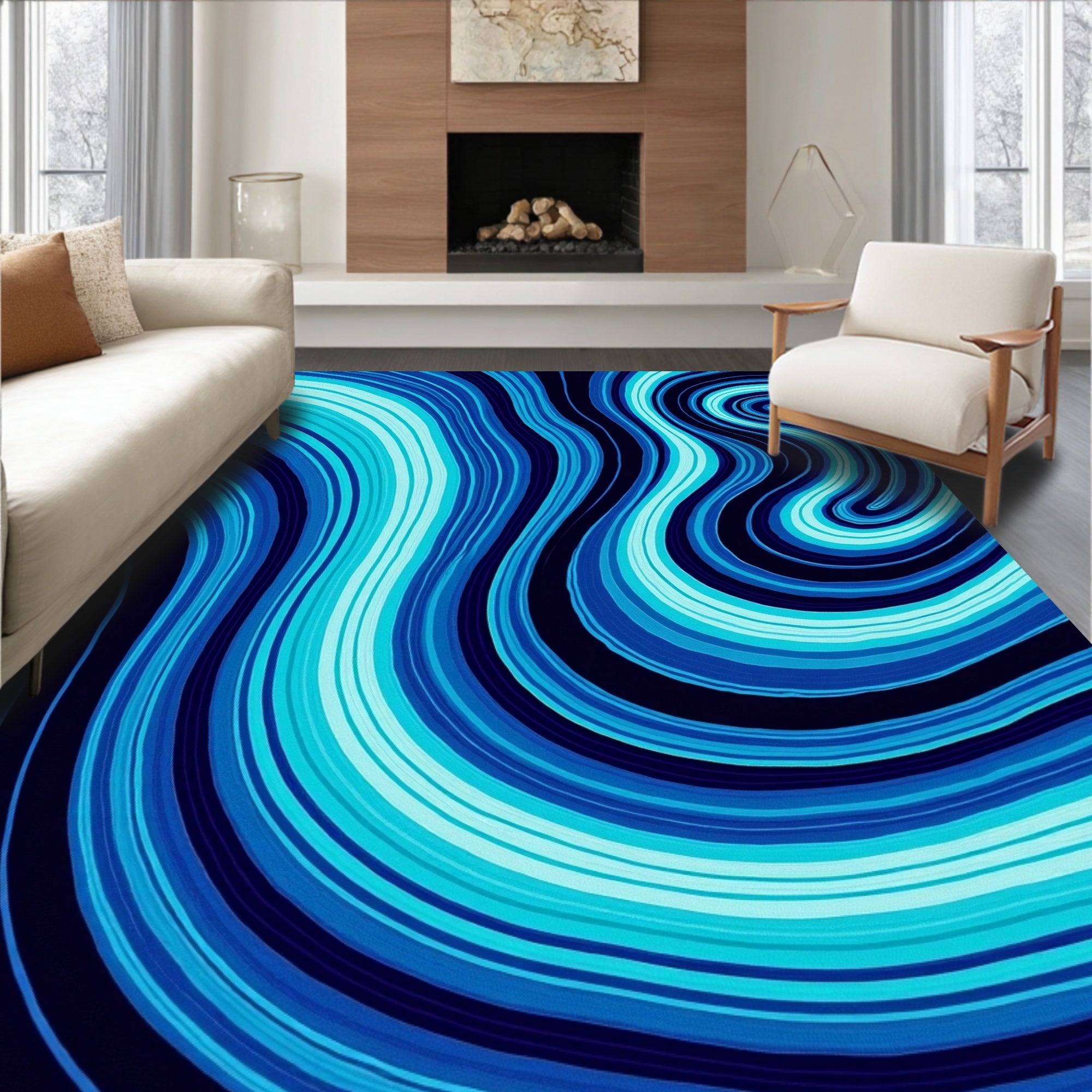 Deep Blue Ocean Agate Swirl Rug