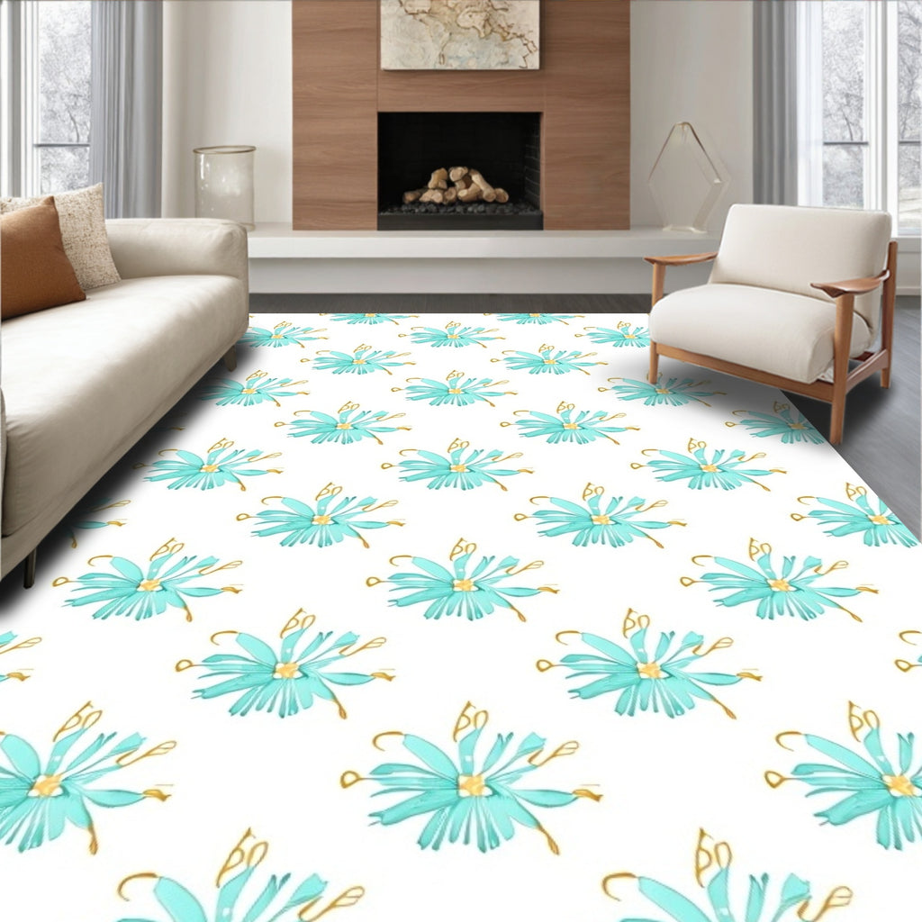 Aqua Blue Floral Gold Accents Rug