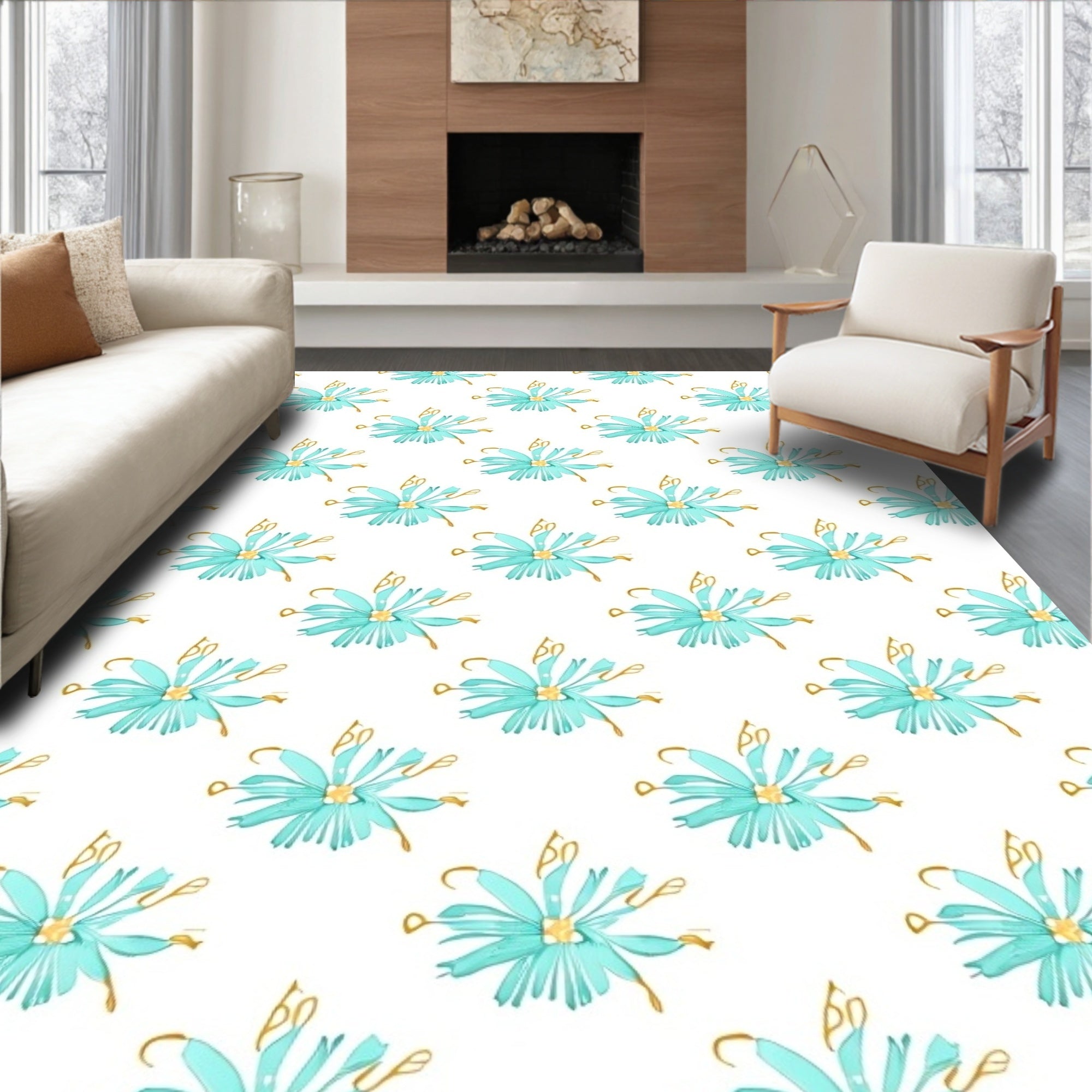 Aqua Blue Floral Gold Accents Rug
