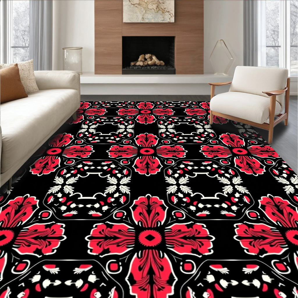 Bold Red Floral Medallion Black Rug