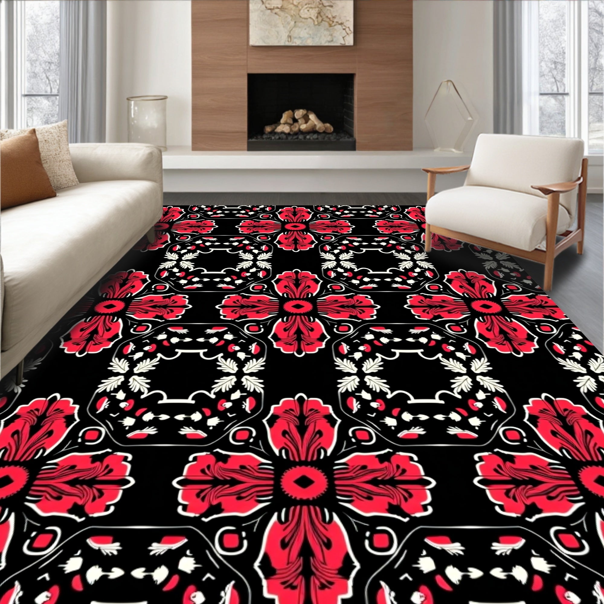 Bold Red Floral Medallion Black Rug