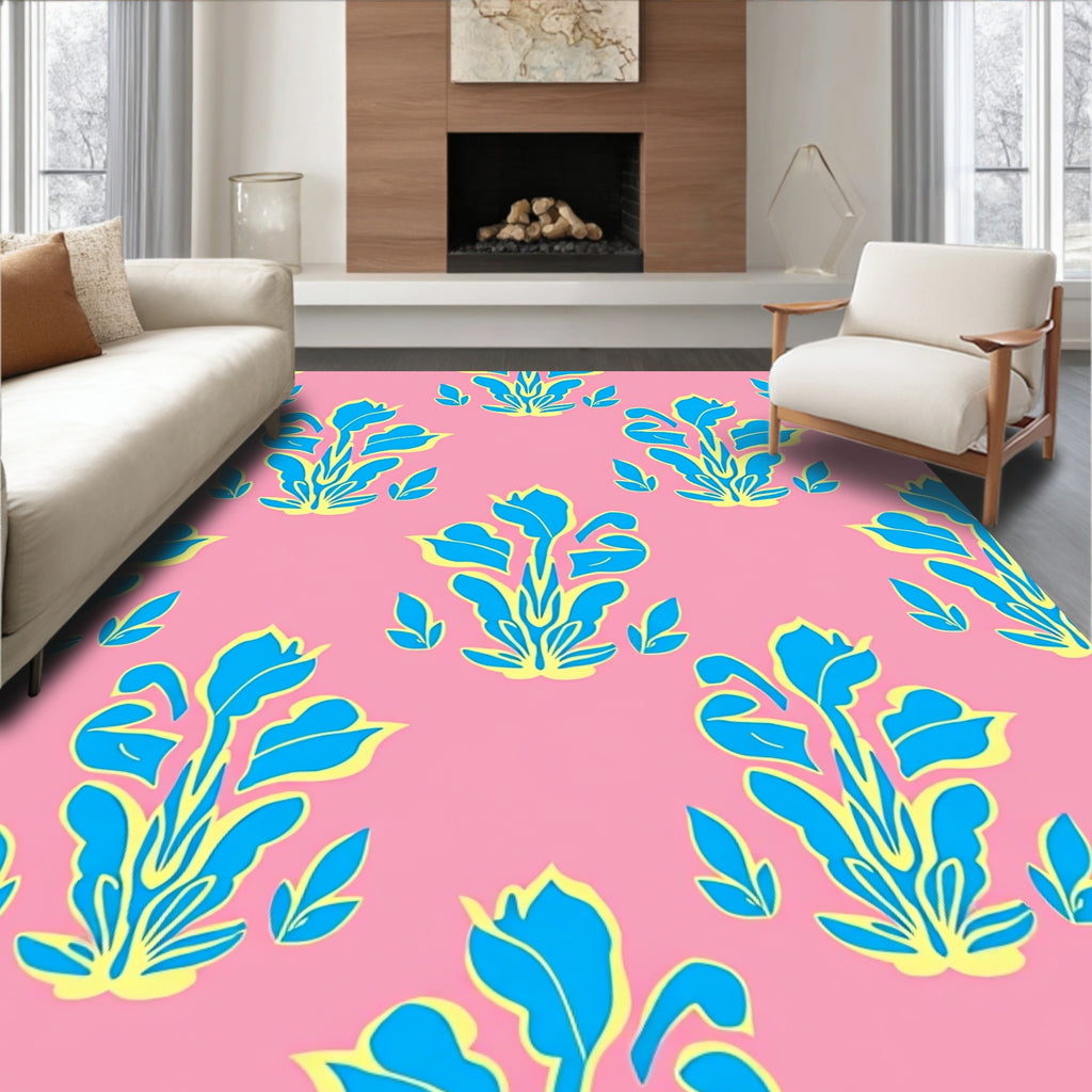 Vivid Blue Floral on Pink Background Rug