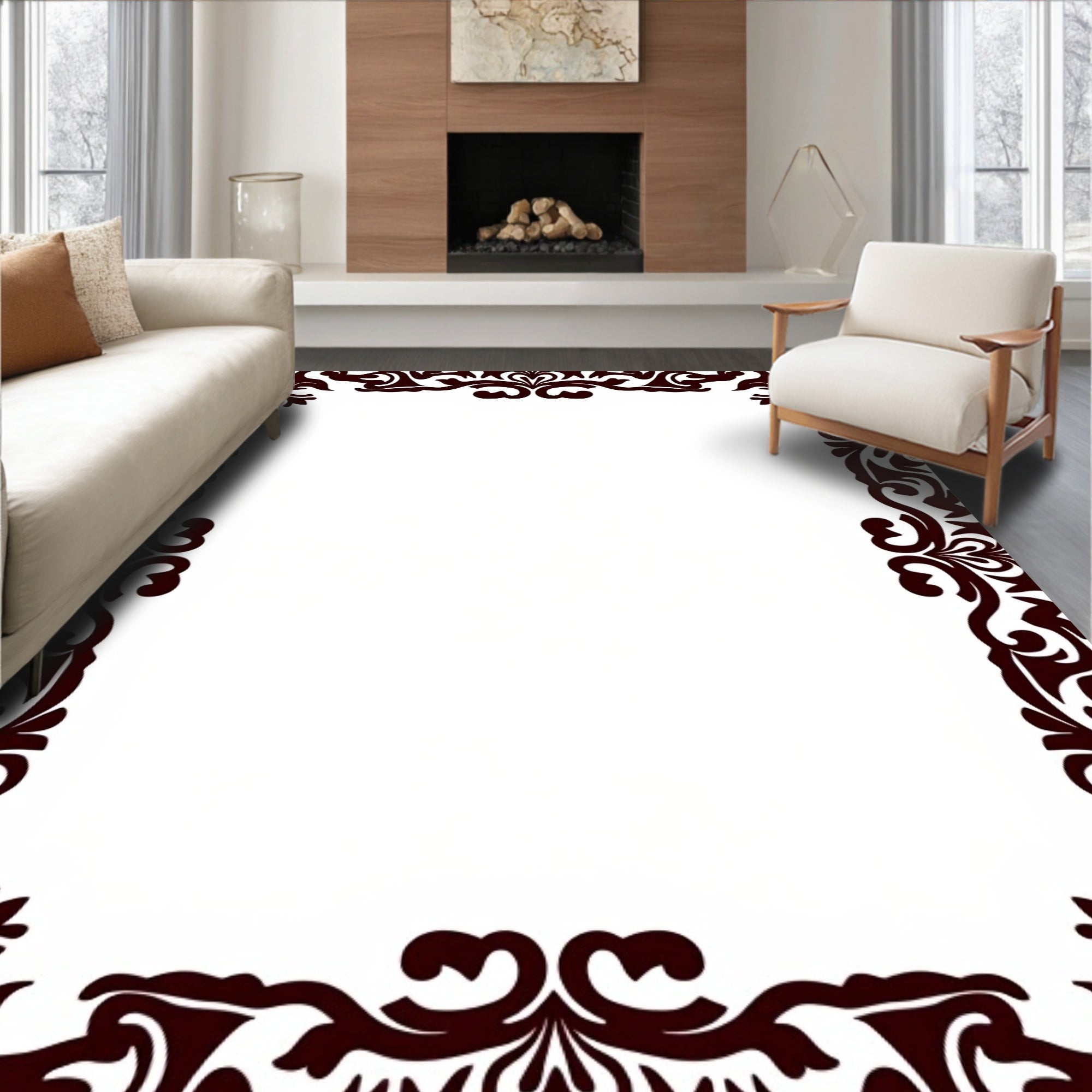 Dark Brown Victorian Floral Border Rug