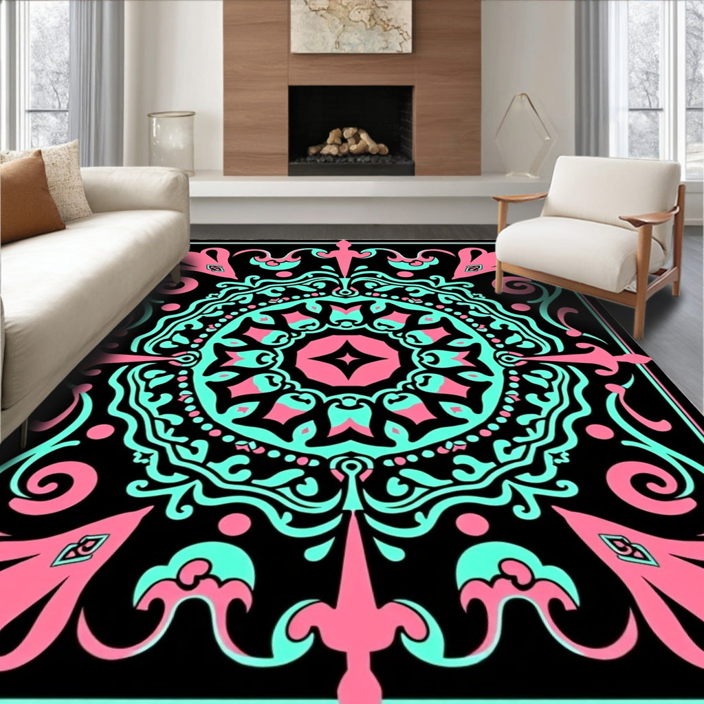 Black Pink Aqua Mandala Medallion Rug