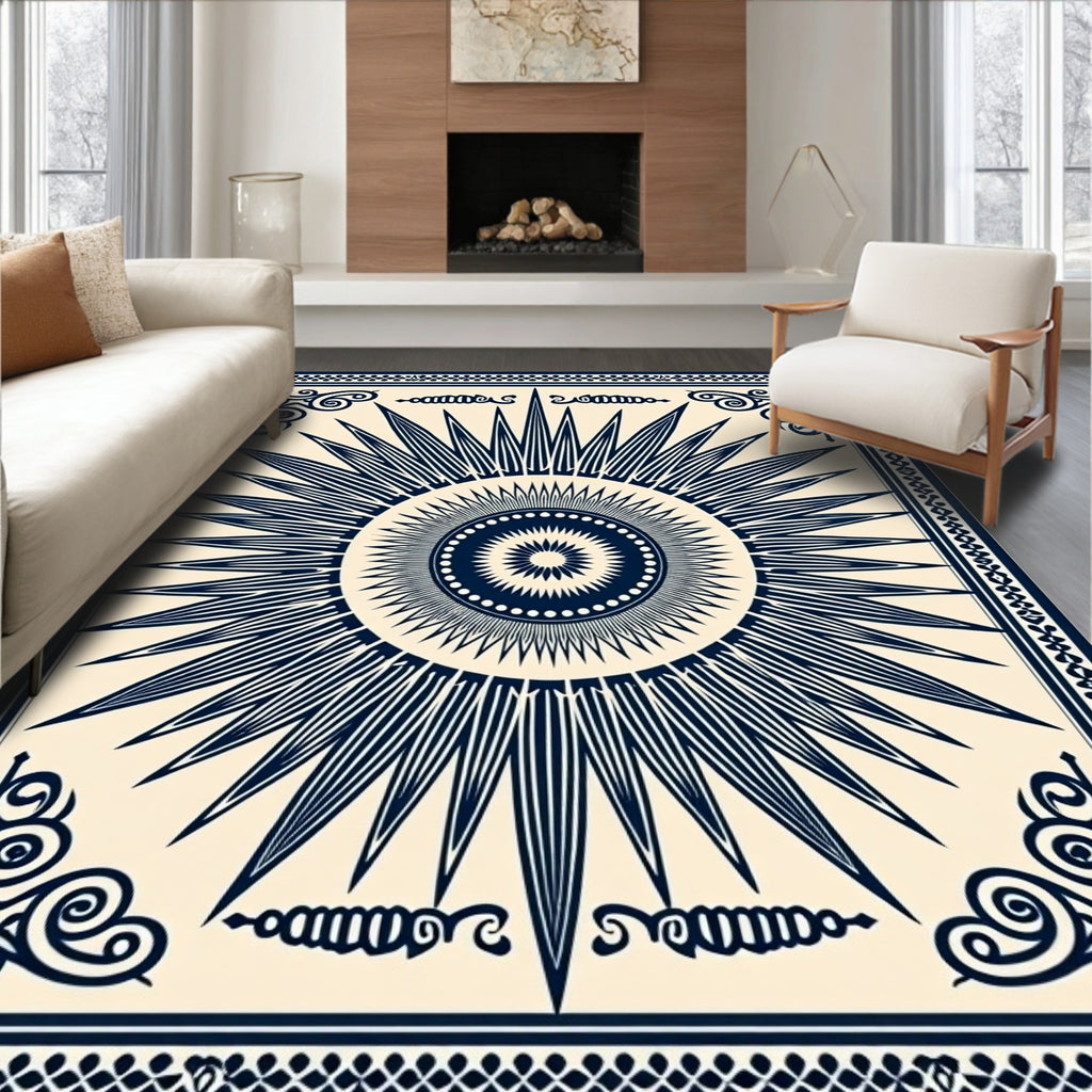 Navy Sunburst Mandala Border Design Rug