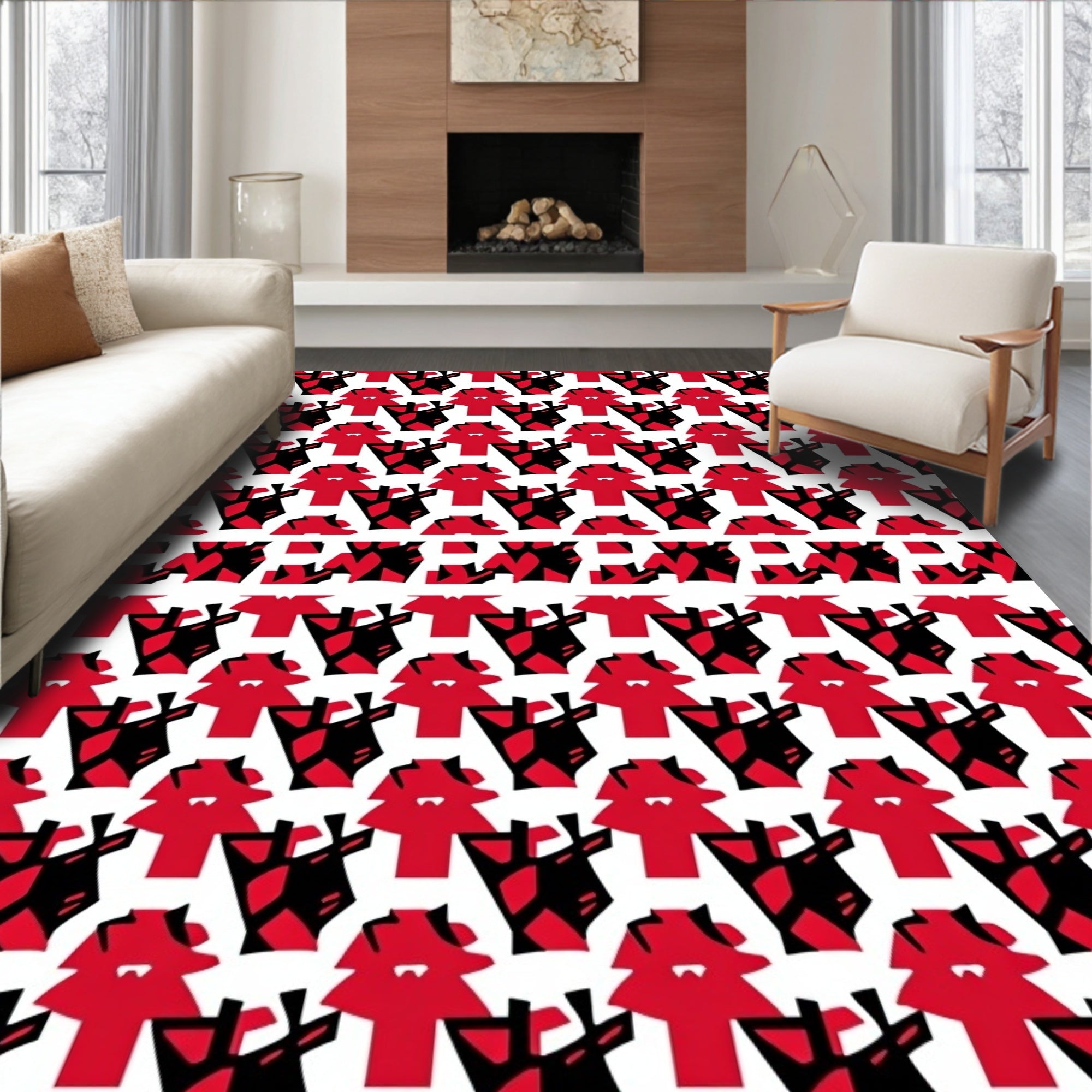 Bold Red Abstract Figurine Collage Rug
