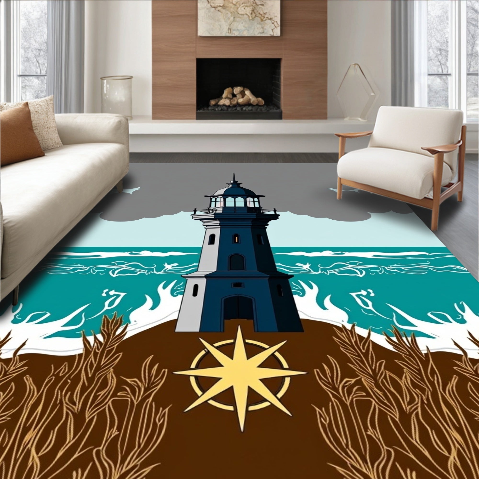 Coastal Lighthouse Nautical Compass Rug