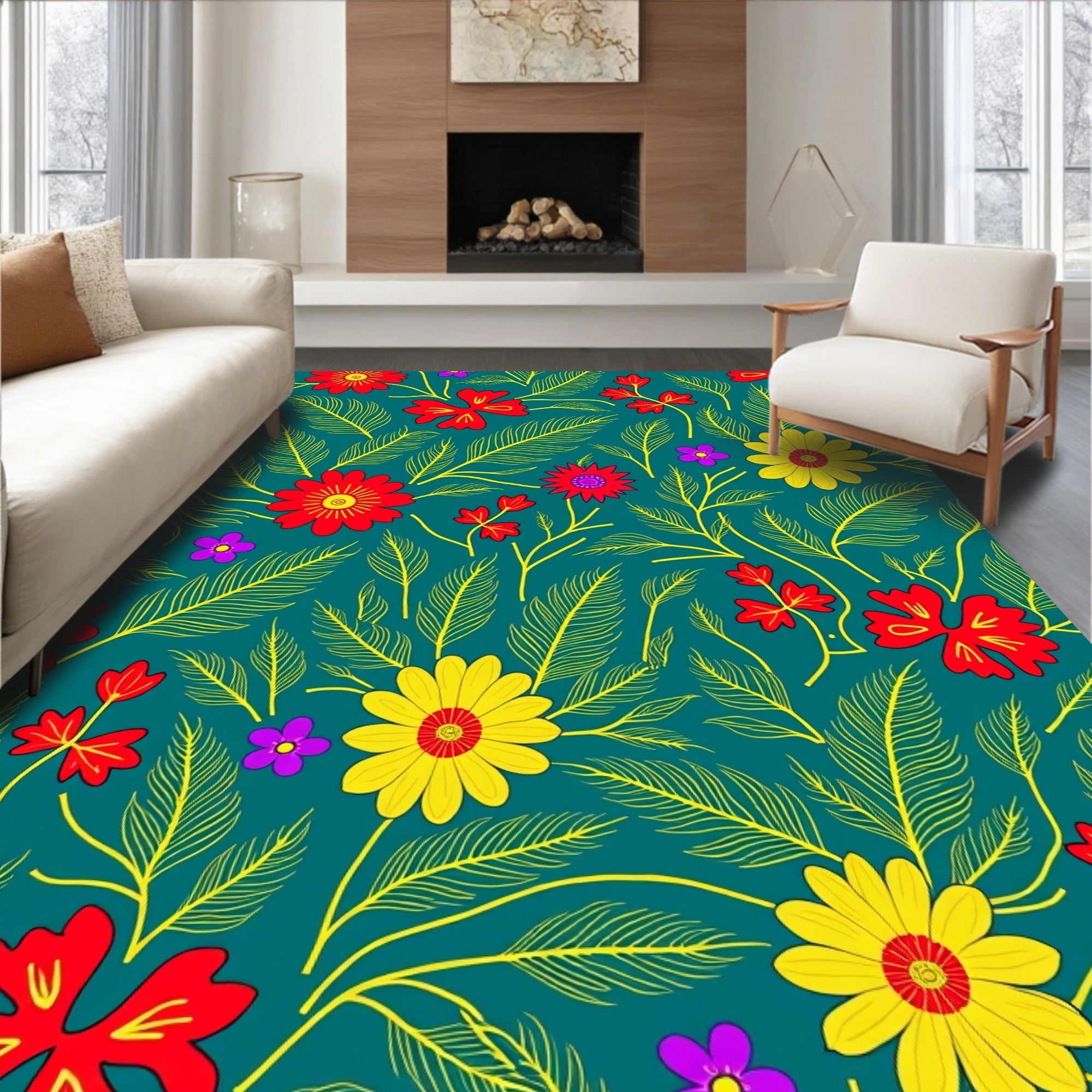 Crimson Yellow Floral Leafy Vine Rug