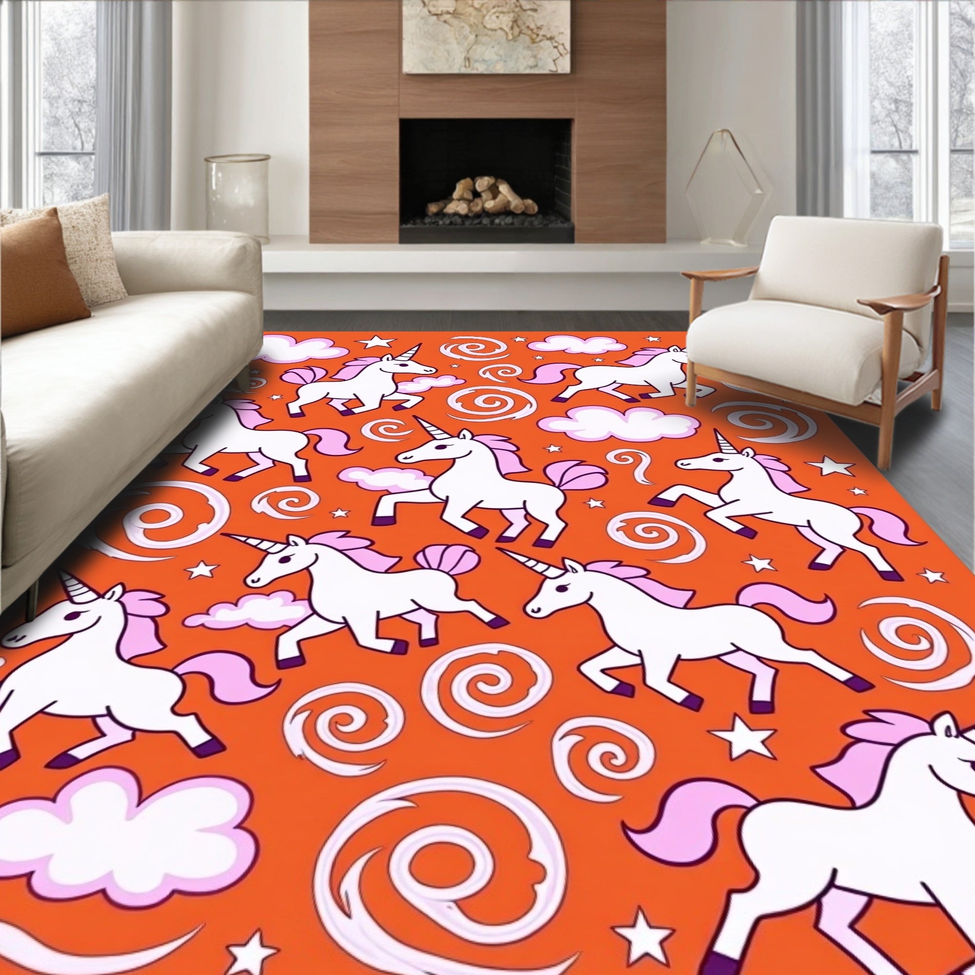 Whimsical White Unicorns Swirl Clouds Rug