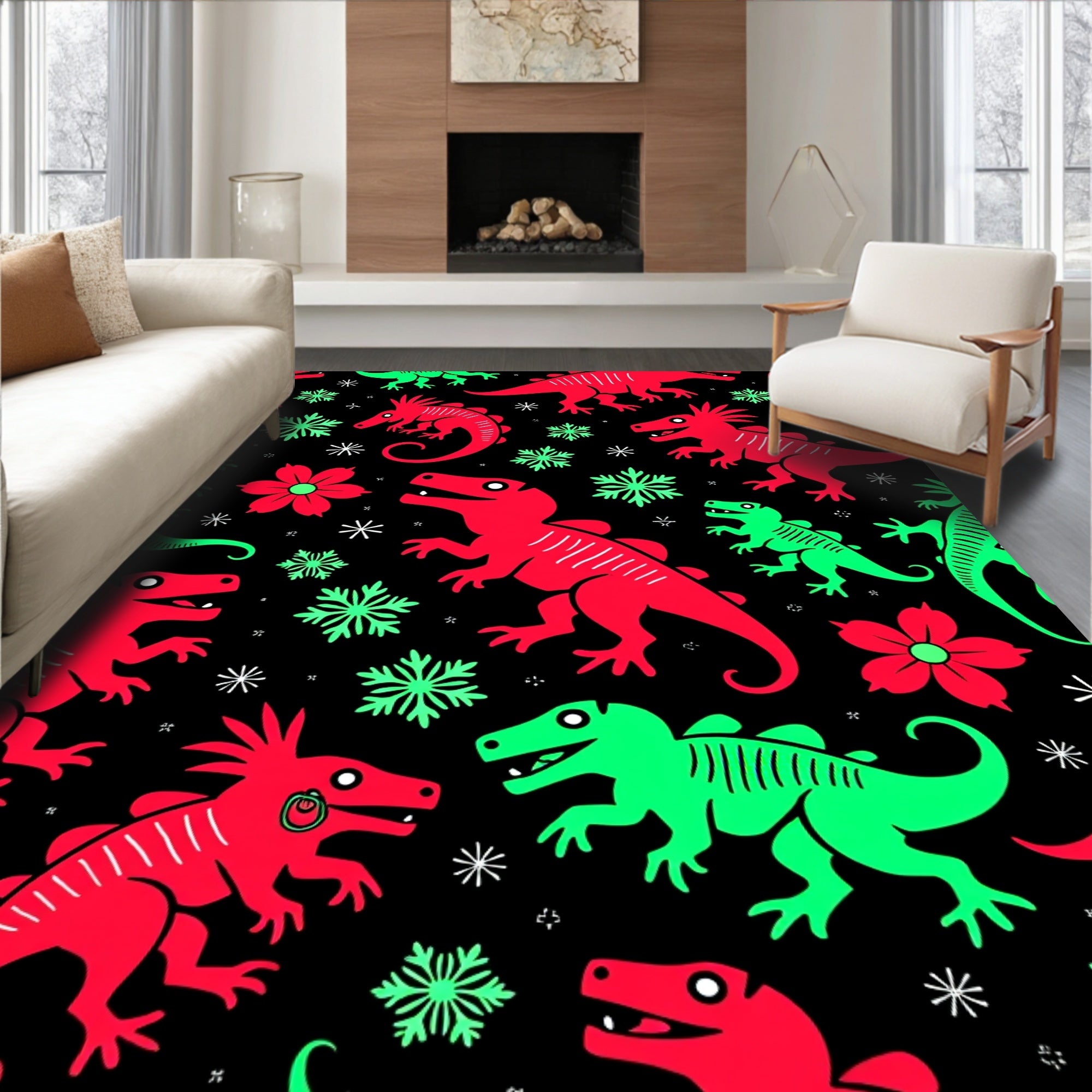 Red Green Dinosaurs Flowers Snowflakes Rug