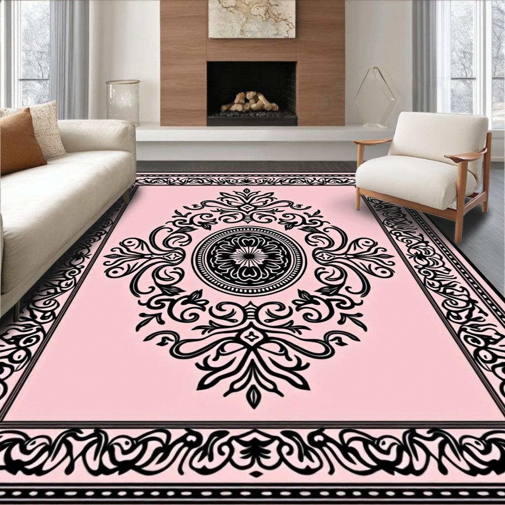 Pale Pink Black Ornate Scroll Medallion Rug