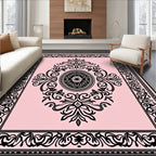Pale Pink Black Ornate Scroll Medallion Rug
