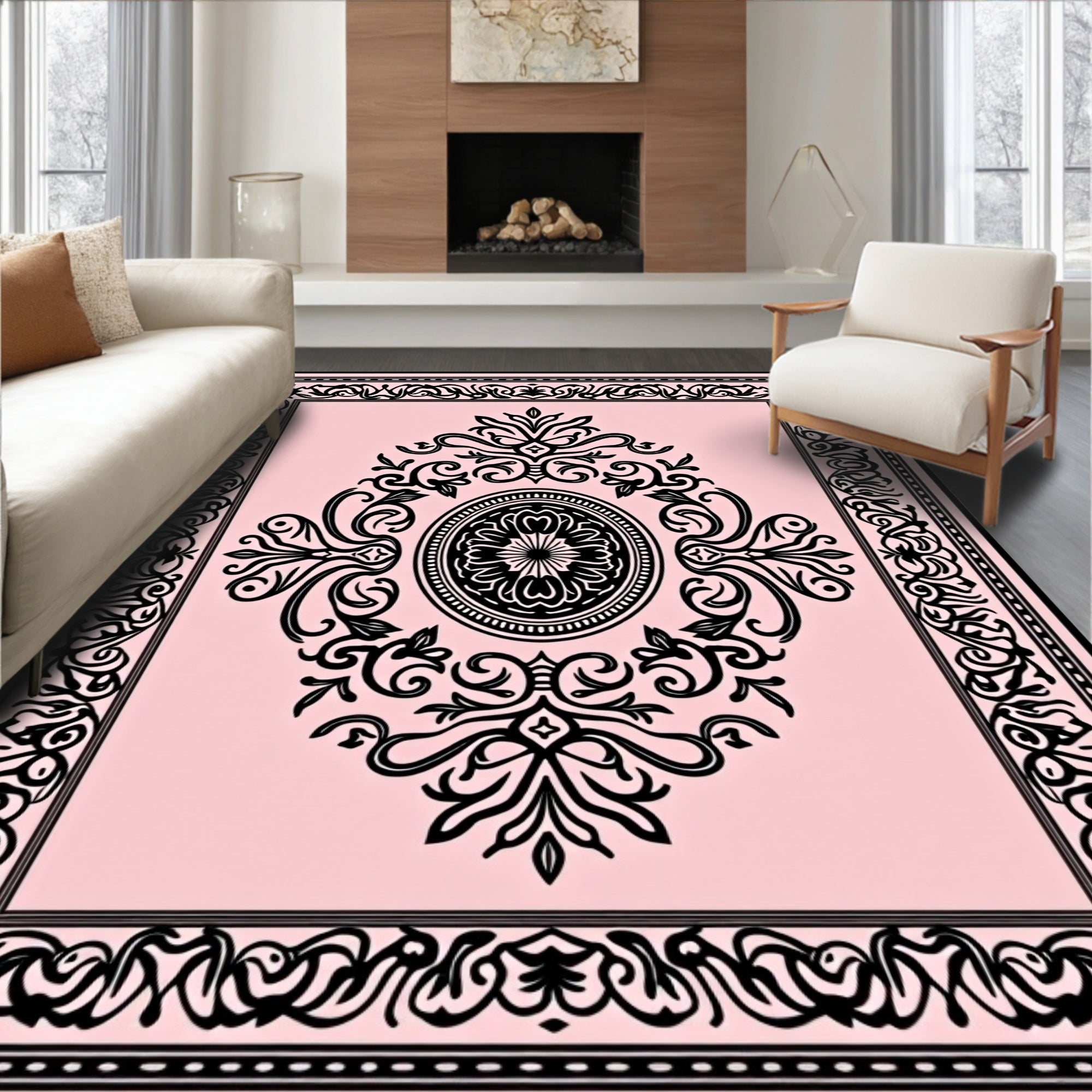 Pale Pink Black Ornate Scroll Medallion Rug
