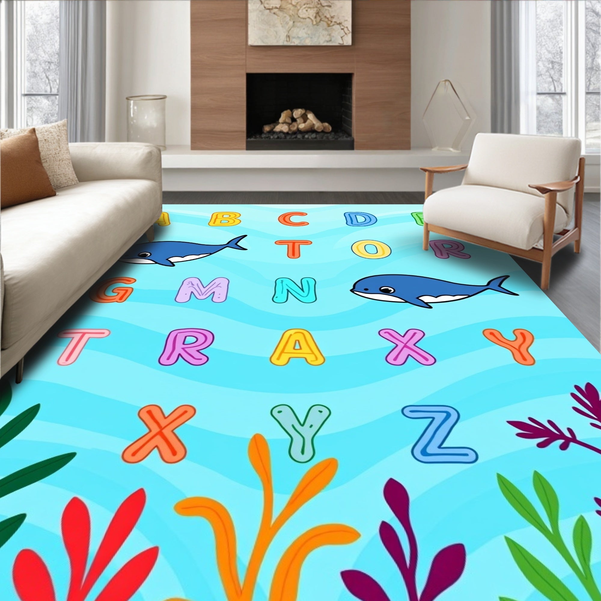 Ocean ABC Alphabet Whales Coral Rug