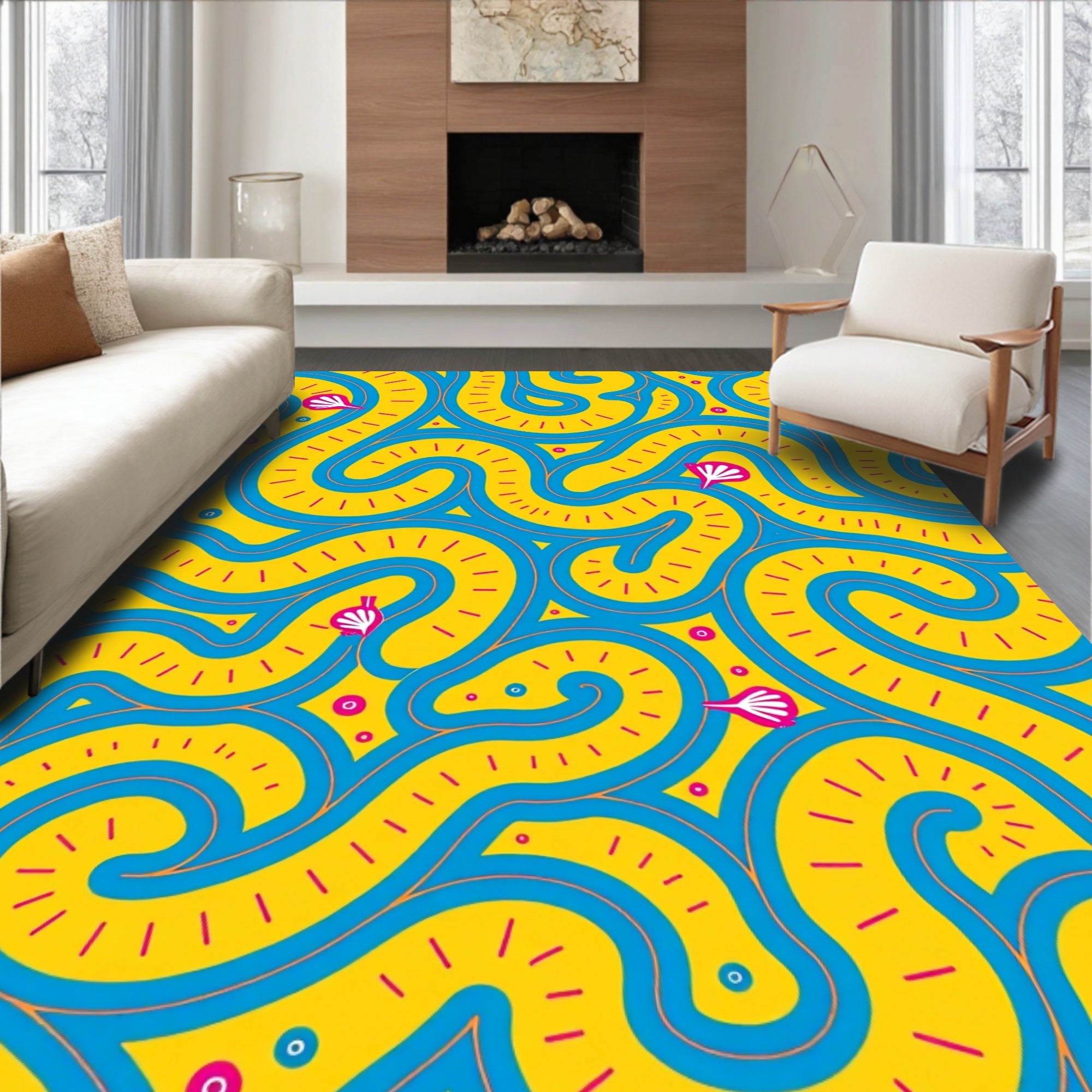 Playful Blue Swirl Yellow Maze Rug