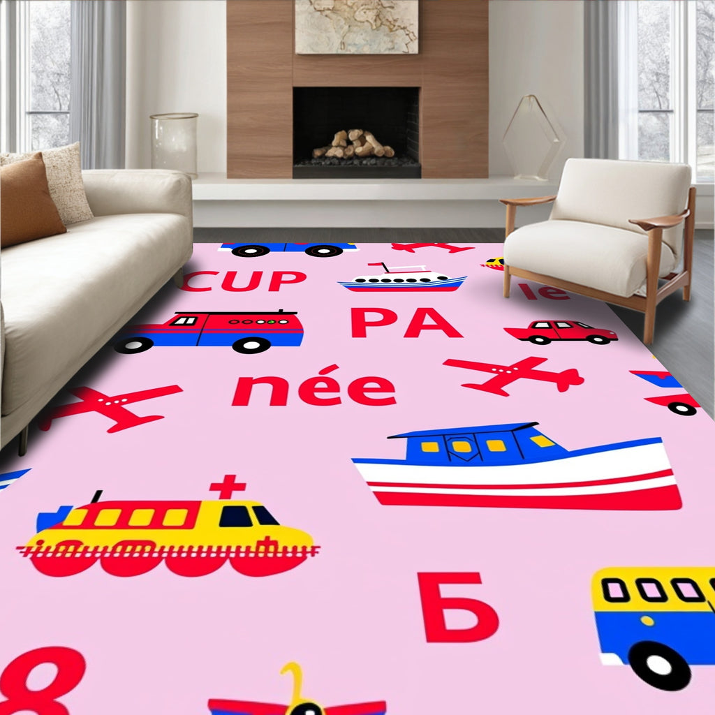 Playful Transportation Vehicles Collage Rug