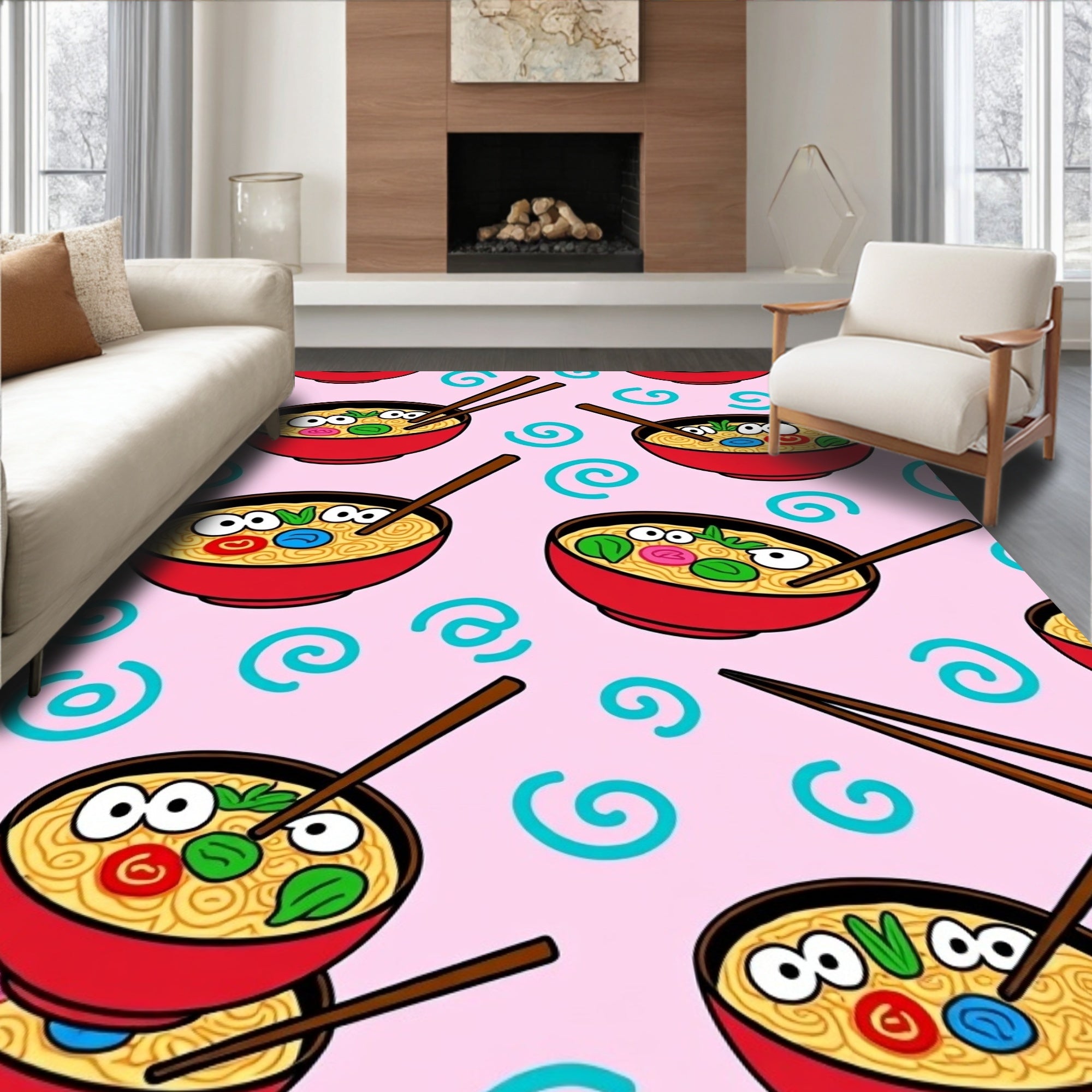Whimsical Ramen Bowls Pink Swirl Rug