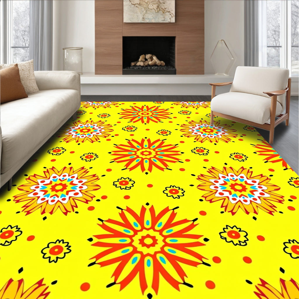 Vibrant Yellow Sunburst Floral Medallions Rug