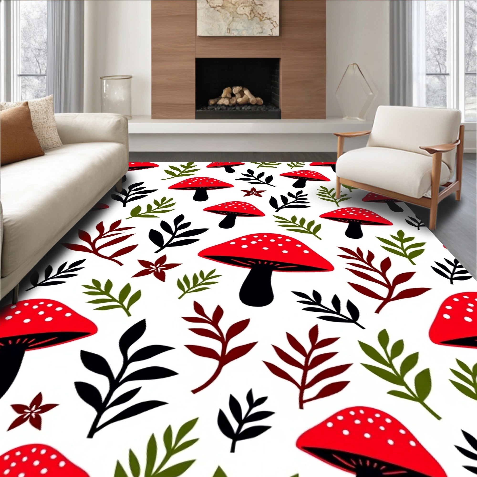Red White Spotted Mushroom Foliage Rug