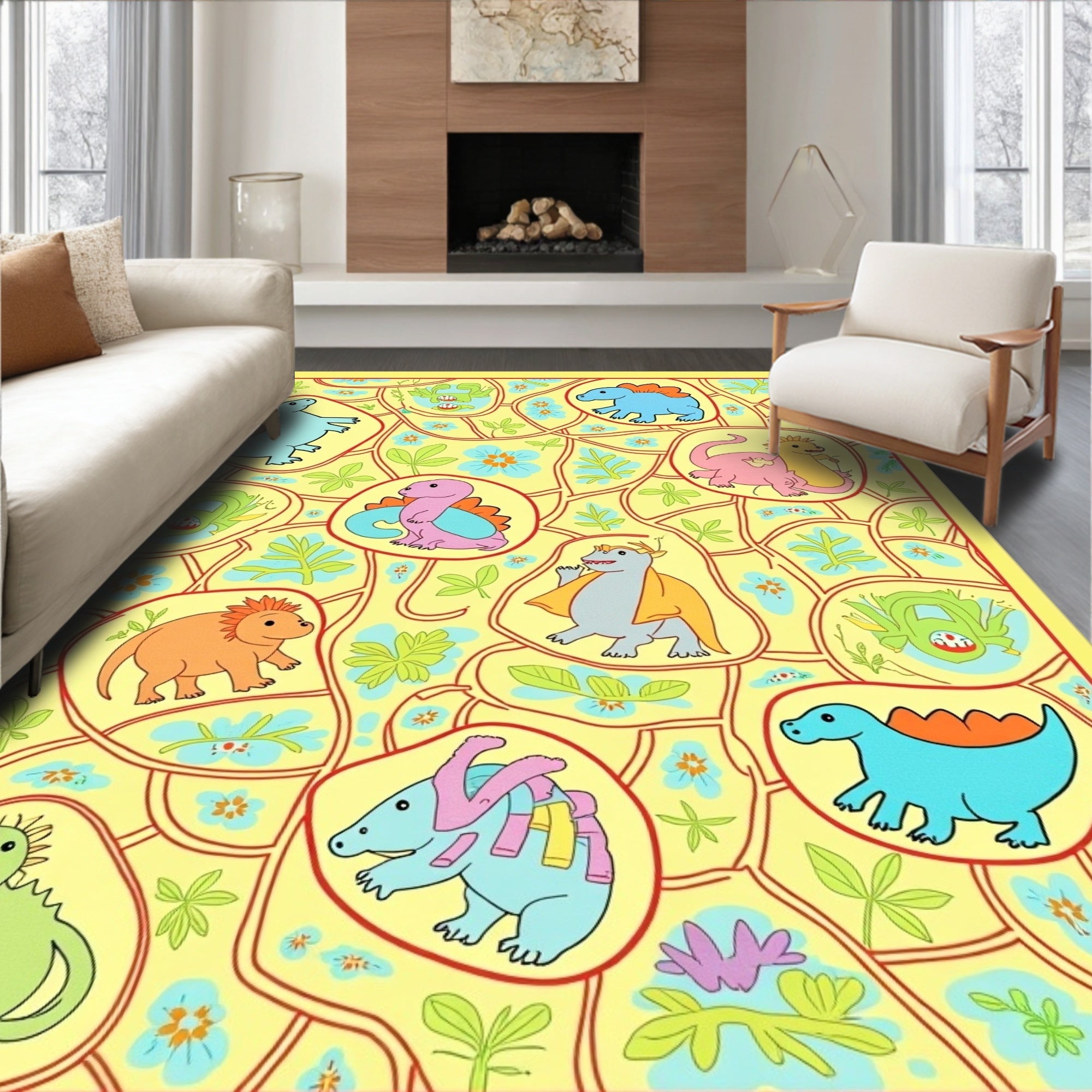 Cute Dinosaur Jungle Whimsy Rug