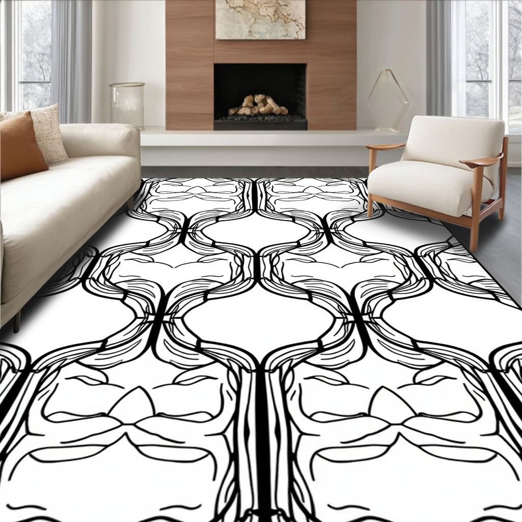 Black White Organic Vine Scroll Rug