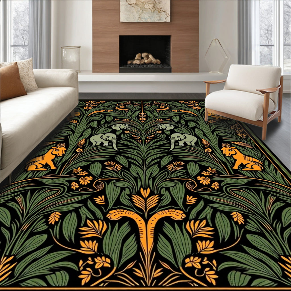 Emerald Green Folk Art Elephants Rug