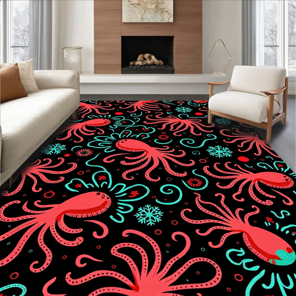 Coral Octopus Snowflake Swirl Black Rug