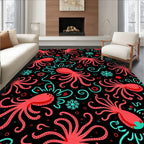 Coral Octopus Snowflake Swirl Black Rug