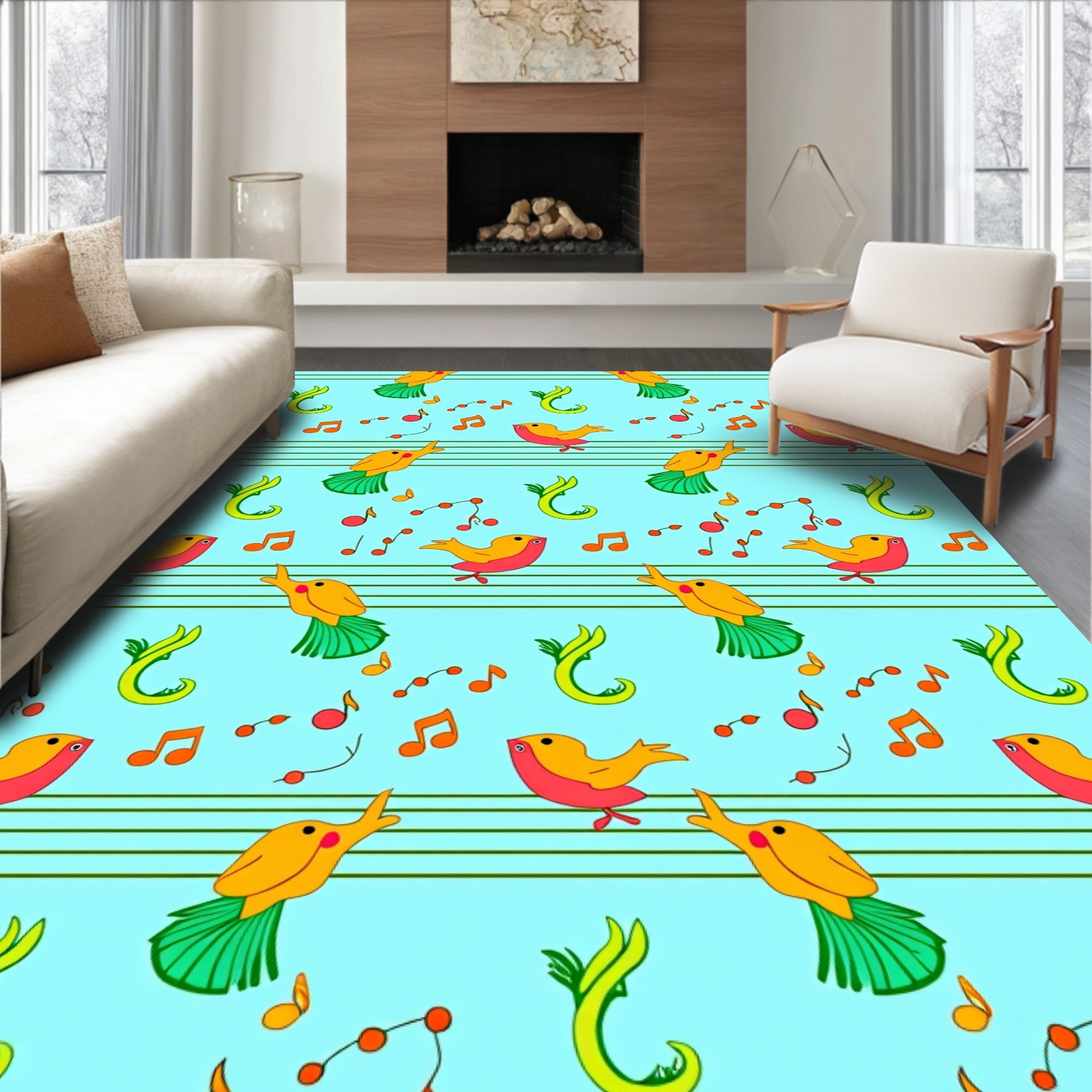 Whimsical Yellow Birds Singing Music Notes Rug