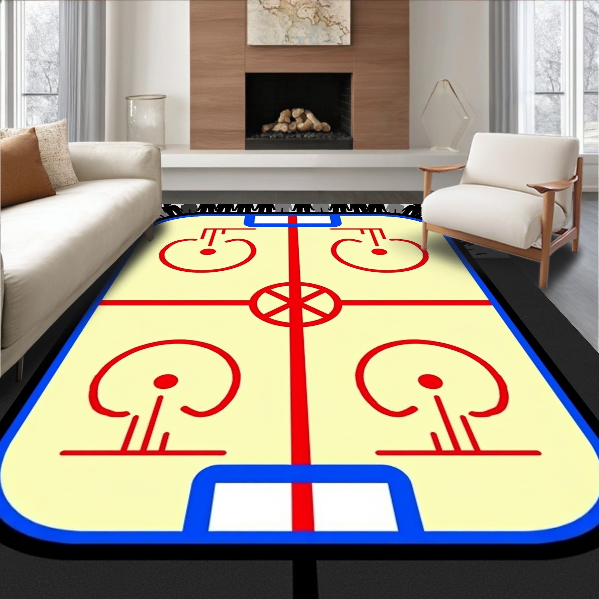 Vibrant Yellow Red Hockey Rink Rug
