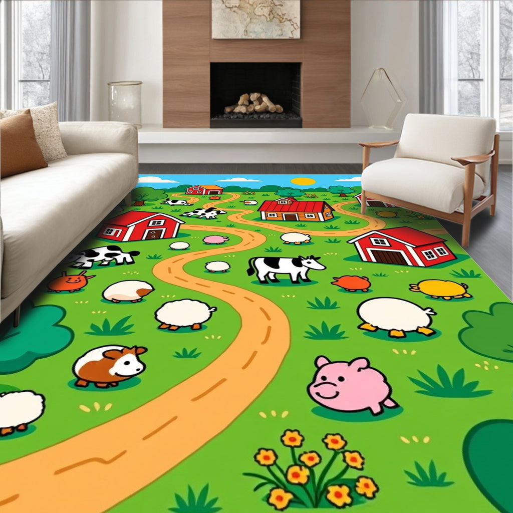 Cute Farm Animals In Green Field Rug