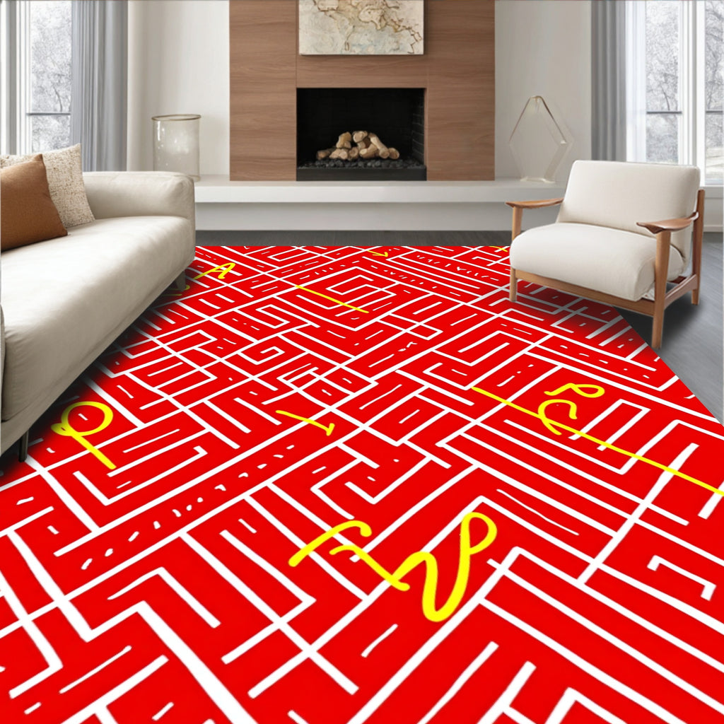 Crimson White Labyrinth Lines Rug