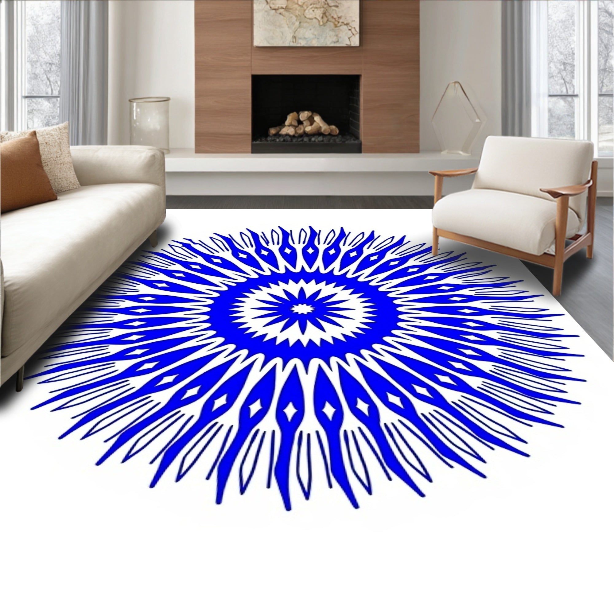 Vibrant Blue Sunburst Mandala Rug