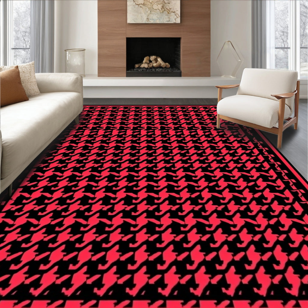 Red Black Houndstooth Geometric Classic Rug