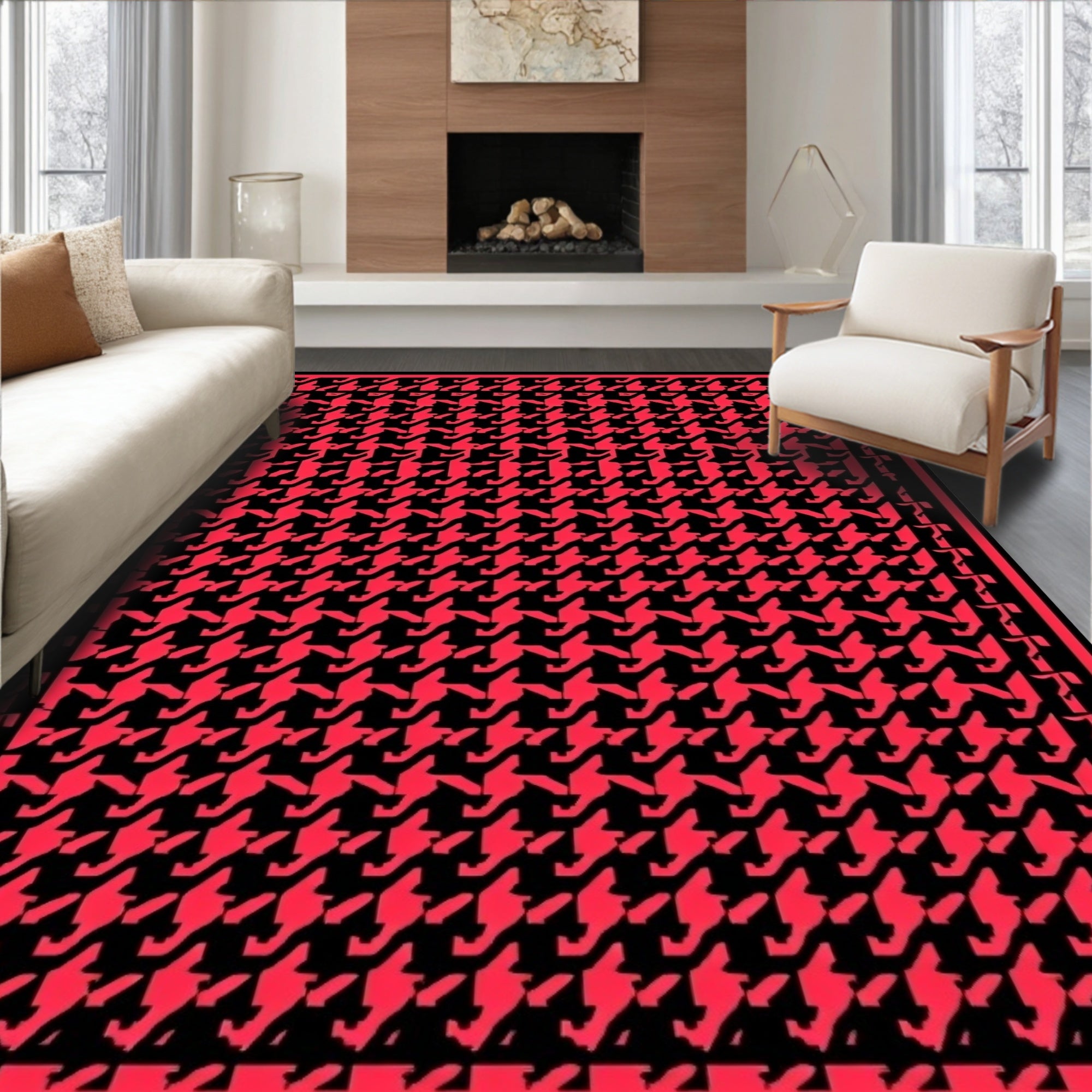 Red Black Houndstooth Geometric Classic Rug